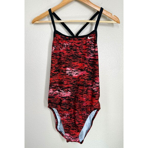 NIKE Performance One Piece Fire Red Black Swimsuit Womens Size 10 Swimming EUC - Picture 1 of 9
